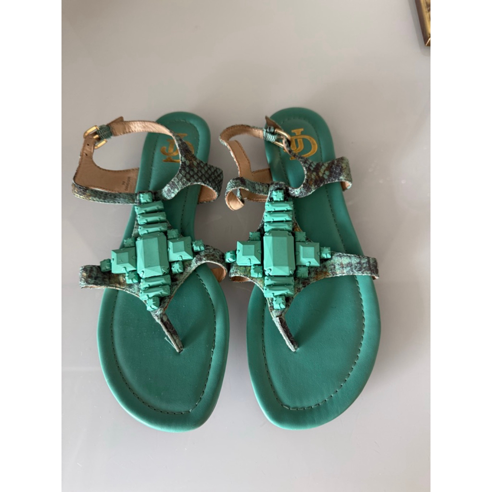 Women's Joan & David Teal Green Leather Embellished Sandals Size 9